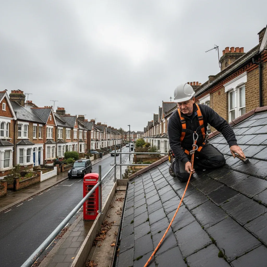 Professional roofer working on a Bristol property